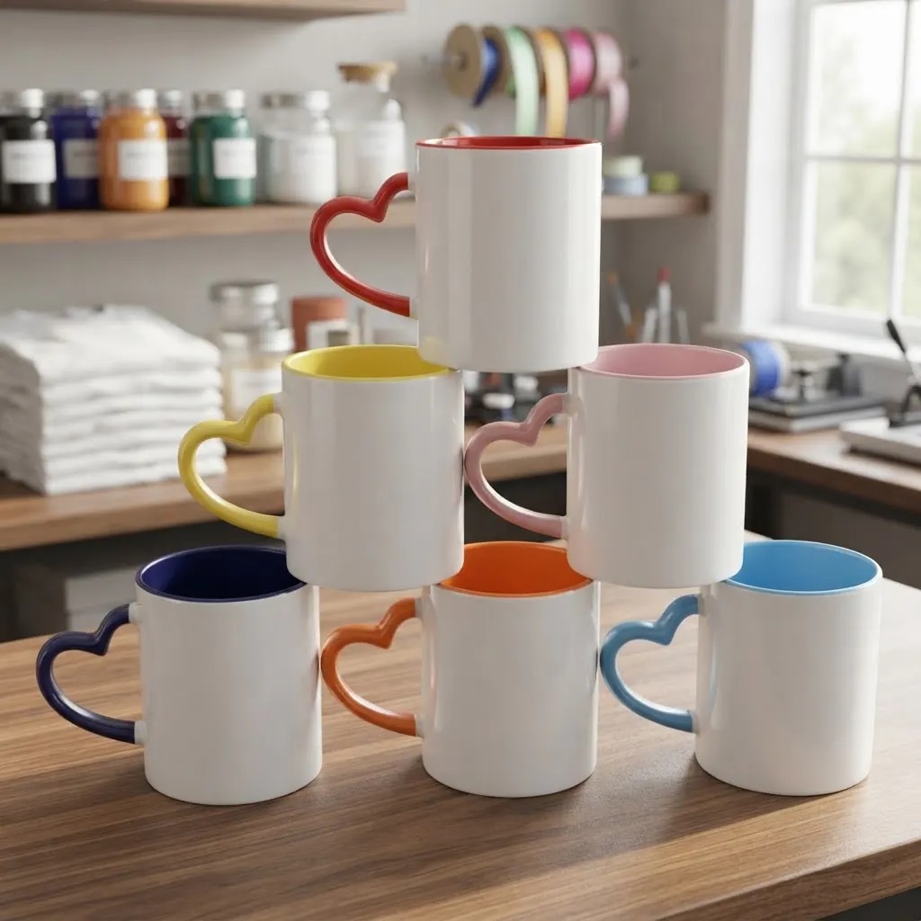 Caneca Porcelana Alça Coração e Interior Colorido — foto 1